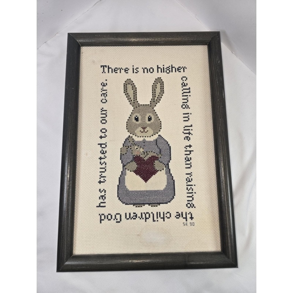 VTG Handmade Cross Stitch Bunny Rabbit Folk Art Framed Primitive Country Decor